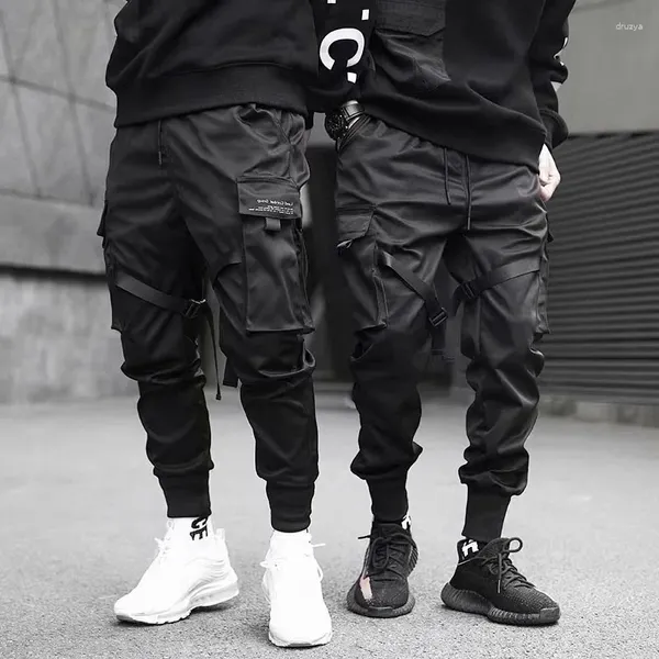 Calças de brim masculinas preto homens casuais hip hop joggers calças de carga moda multi bolso calças soltas streetwear techwear sweatpants