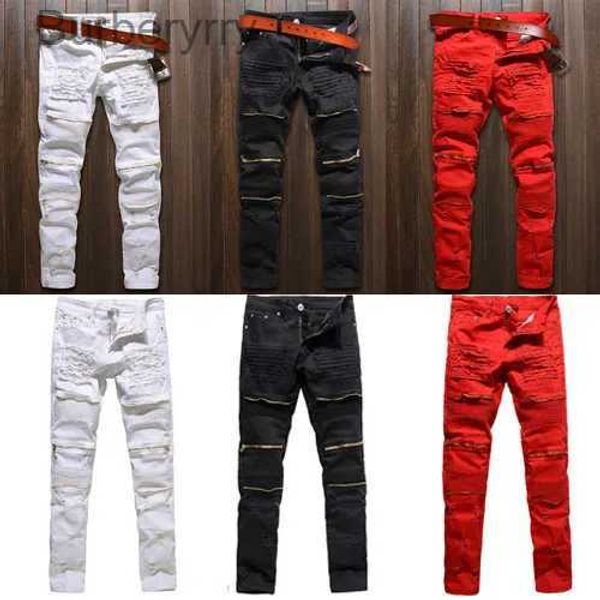 Jeans masculinos homens magro estiramento denim calças rasgadas angustiado rasgado freyed magro ajuste jeans destruído jeans rasgado preto branco vermelho jeansl231011
