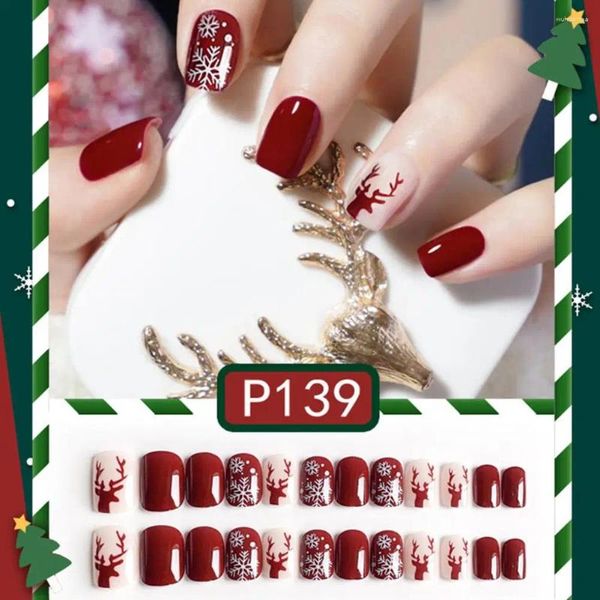 Unhas falsas profissional-olhando falso kit de unhas artificiais elegante natal 24 pçs bonito manicure curto com acabamento fino