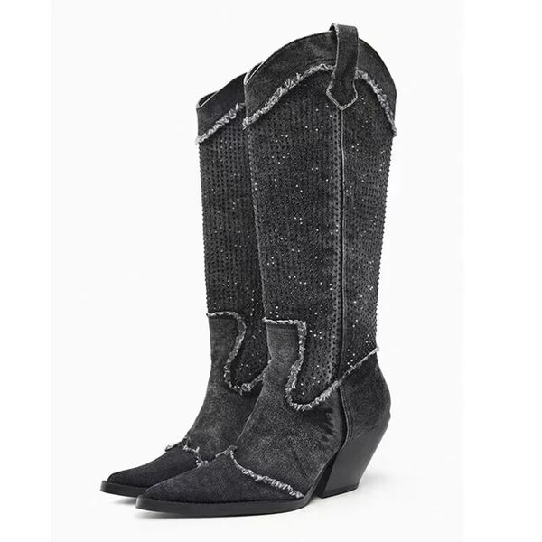 2023 novo estilo botas jeans para mulheres botas altas de cristal franja saltos grossos sapatos de luxo retro senhoras deslizamento-em botas chelsea