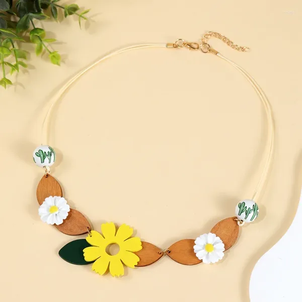 Anhänger Halsketten Vintage ethnische hölzerne Lätzchen-Halskette mit Harz-Blumen-Anhängern für Frauen handgemachter Kragen-Schmuck