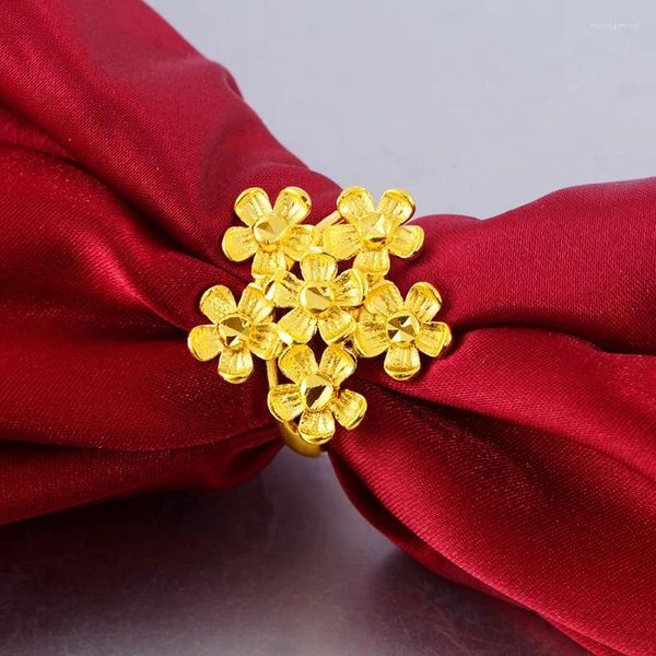 Anéis de casamento 24k Vietnã Alluvial Gold Mulheres Anel Delicado 3D Banhado Flor Designs Ajustáveis Jóias