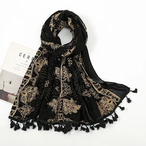 Lenços asteca moda bronzeamento ouro floral borla diamante viscose lenço impressão macio xales grossos e envoltórios pashmina roubou muçulmano hijab 231012