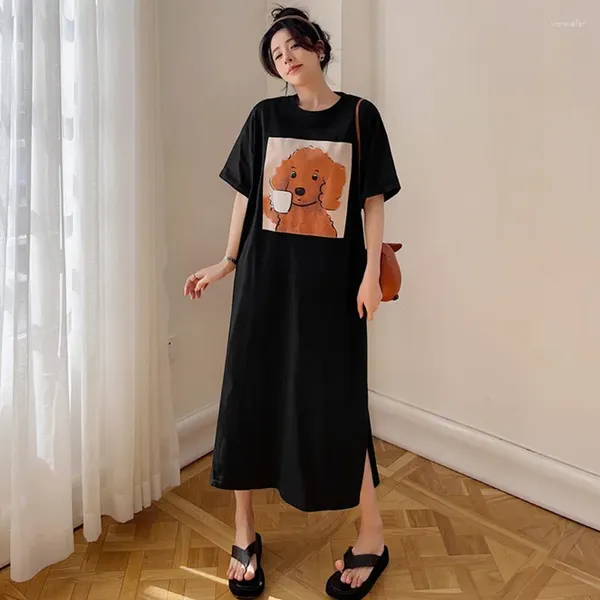 Casual Dresses Koreanischer Stil Sommerkleid Frauen Kurzarm O Hals Hund Welpe Gedruckt Langes T-shirt Lose Vestidos Roben Split