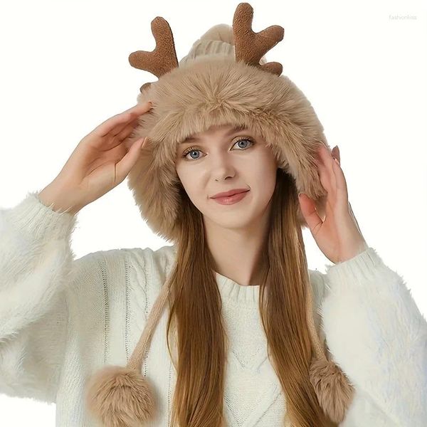 Berets Elk Plush Ear Flap Chapéu Cor Sólida Pele Falso Beanie de Natal com Orelhas Grosso Coldproof Warmer Muffs Chapéus para Mulheres