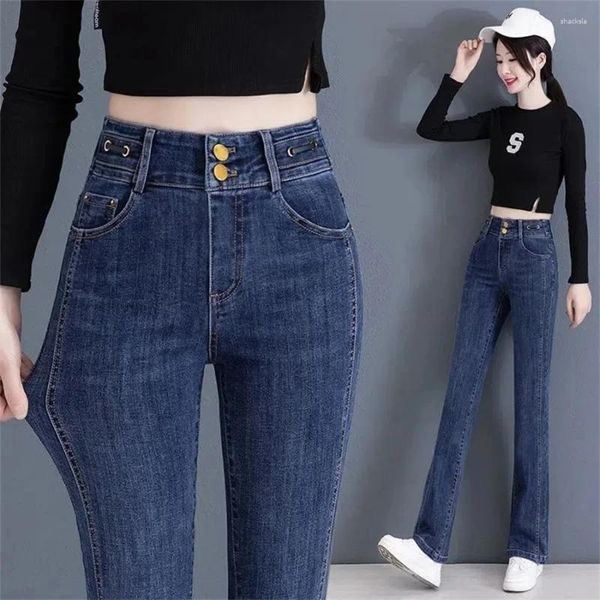 Jeans femininos inverno engrossar quente flare denim calça mulheres magro cintura alta pelúcia veludo forrado jean casual reto kot pantolon estiramento