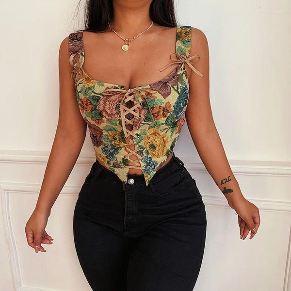 Canottiere da donna Moda Casual Sexy Vintage Stringate Bustier Corsetto ricamato Crop Top Senza maniche Canotta Floreale Cincher Vita Streetwear