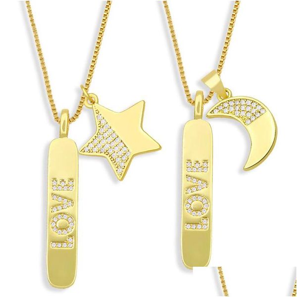 Anhänger Halsketten 18 Karat Gold Kubikzircon Loe Bar Anhänger Halskette Diamant Mond Stern Hand Halsketten Goden Kette Für Frauen Männer Hip Hop Fa Dhml1