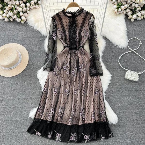 Casual Kleider Elegante Chic Dot Mesh Kleid Französisch Langarm Party A-line Vestidos Hohe Taille Grundlegende Dünne Frauen Herbst Winter