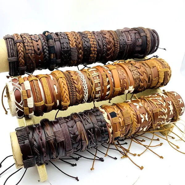 Оптовая продажа 100 шт./лот кожаные браслеты-манжеты браслет мужские и женские модные украшения ручной работы веревочный галстук размер регулируемый черный коричневый многоцветный