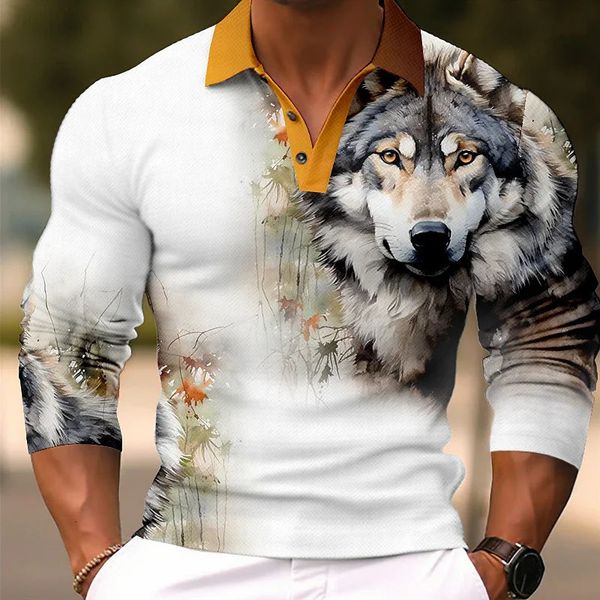 Polos masculinos animal lobo polo 3d tigre leão águia urso impressão moda camisetas para homens top oversized rua manga longa roupas 231011