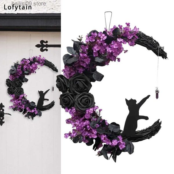 Outros suprimentos para festas de eventos Lofytain Halloween Moon Shaped Door Grinaldas Decoração de festa de férias Porta da frente Gatos pretos Grinalda Goth Roses Decorações de porta T231012