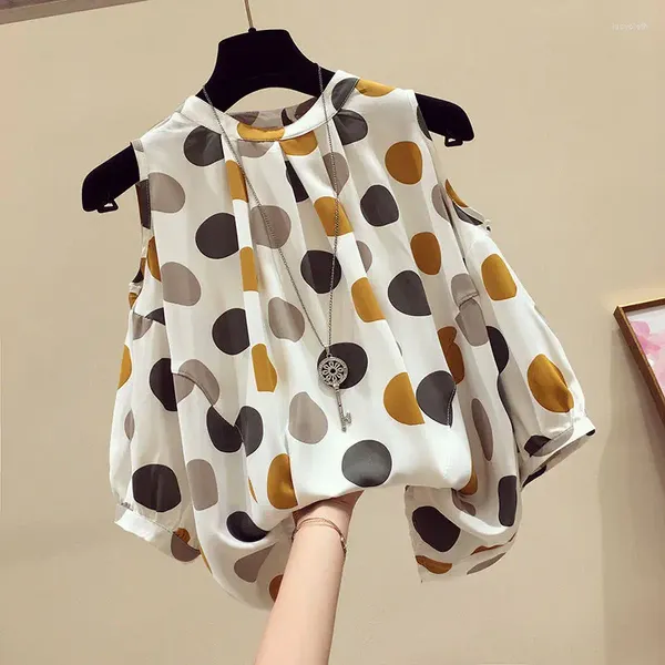 Blusas de mujer 2023 camisa de mujer con hombros descubiertos verano todo fósforo manga corta gasa Top moda punto de onda elegante blusa femenina de gran tamaño