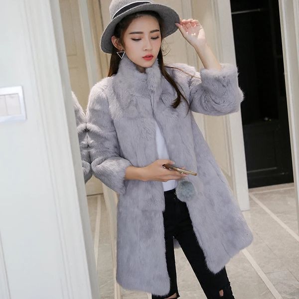 Kadın Kürk Faux 100 Gerçek Doğal Pelt Tavşan Kürk Uzun Ceket Katlı Kadın Kış Giyim Standı Yaka Dış Giyim Paltoları D35 231012
