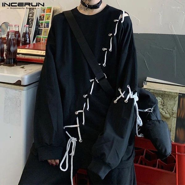 T-shirt da uomo INCERUN Camicia da uomo Lace Up Patchwork Allentato stile coreano Abbigliamento casual Streetwear 2023 O-Collo Manica lunga Moda Tee Tops