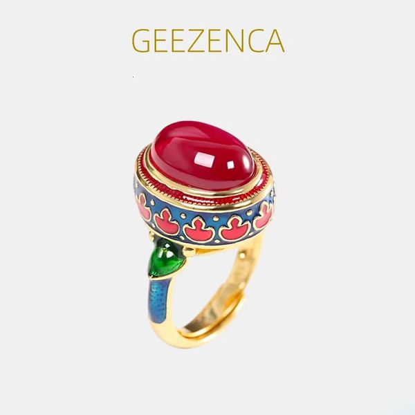 Anéis de casamento Geezenca S925 prata banhado a ouro vermelho corindo esmalte cor feminino anel cloisonne vintage na moda anéis abertos jóias finas 231012