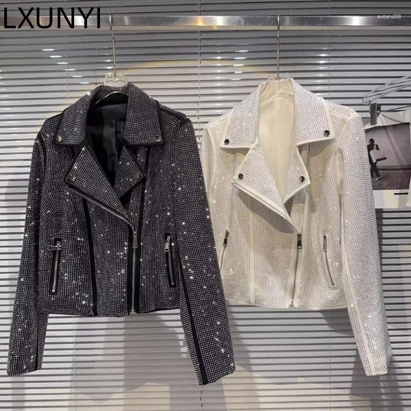 Giacche da donna LXUNYI Sfilata di moda Passerella Giacca con strass Donna Autunno 2023 Couverture Collare Diagonale Cerniera Cappotto da moto Donna