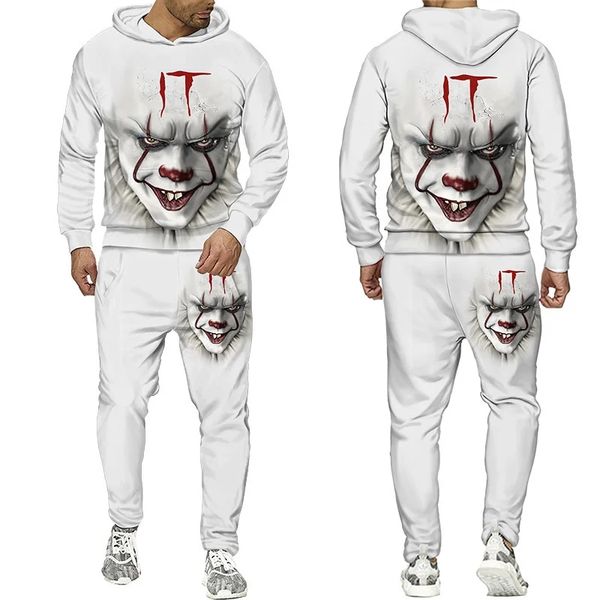 Uomini e donne stampati in 3D Halloween Film horror Pagliaccio Coppia Festa Abbigliamento casual Lupo Moda Felpa con cappuccio e pantaloni Tuta da allenamento 001