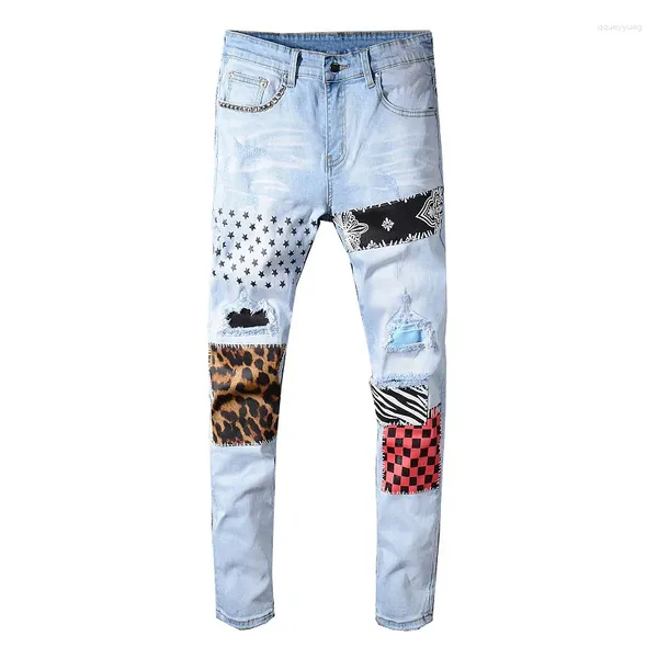 Erkek kot pantolon viangani yıldız baskılı leopar patchwork perçin ince açık mavi delikler yırtılmış sıska streç denim pantolon pantolonlar 40