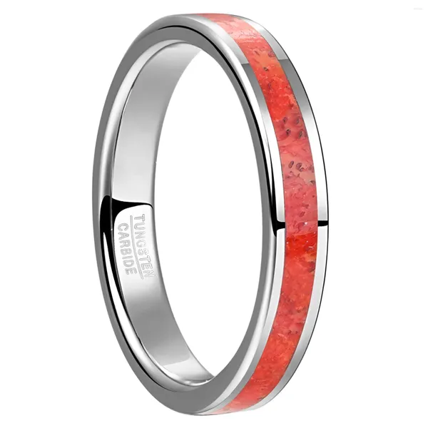 Anéis de casamento Nuncad 4mm 8mm Anel de aço de carboneto de tungstênio Falt escovado incrustado grama vermelha coral para homens moda jóias