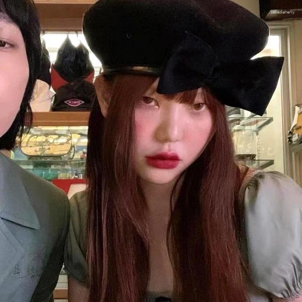 Berets Coreano Veludo Personalidade Grande Arco Pintor Chapéu Doce Preto Lã Cor Sólida Elegante Temperamento Boina Cap Moda Chapéus de Abóbora