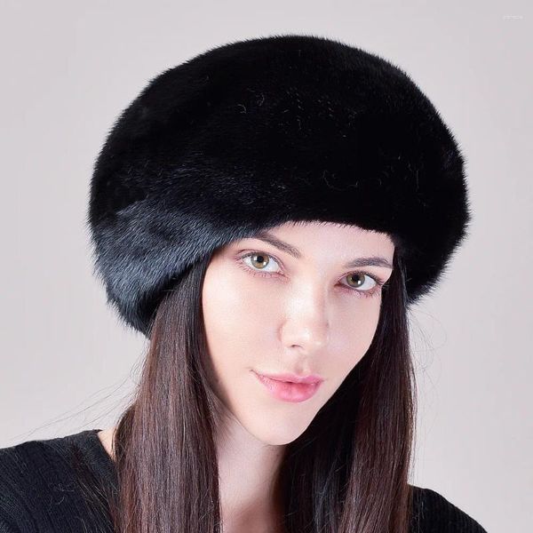 Berets Inverno Mink Chapéu Russo Branco Preto Mulheres Quente Boina Moda Simples e Versátil Pele