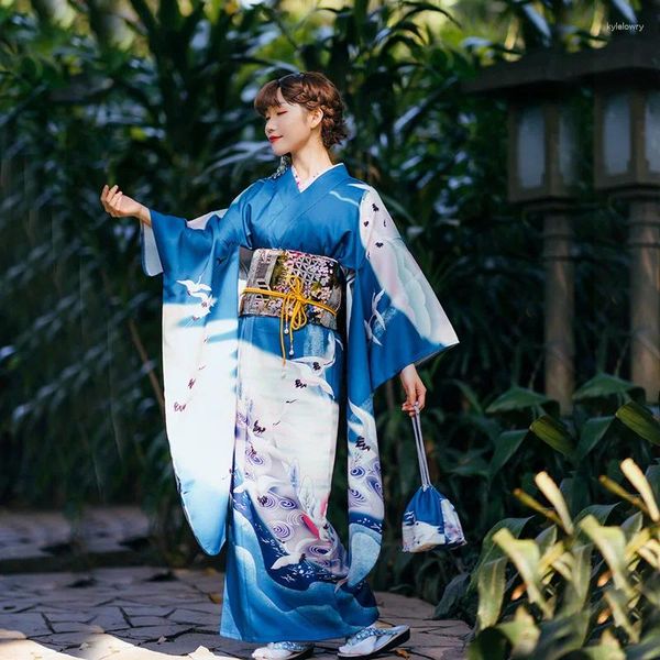 Ethnische Kleidung Vintage japanische traditionelle Furisode Yukata Kimono mit Obi elegante Frauen Cosplay Kostüm Geisha Bühnenkleid