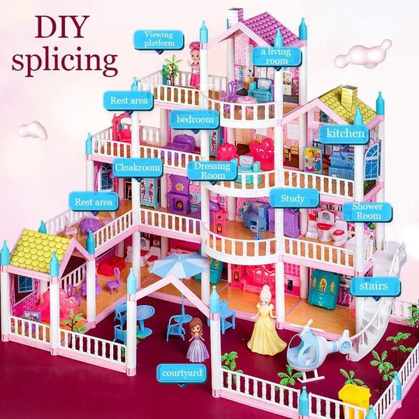 Casa de boneca acessórios crianças diy montessori 3d montado villa conjunto grande princesa castelo simulação kit meninas puzzle brinquedo presente 231012