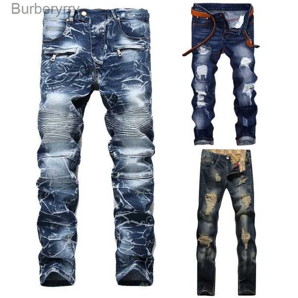 Jeans masculinos de alta qualidade homens casuais jeans rasgados lavados em linha reta magro plissado motocicleta motociclista calças jeans calças jeans plus size 42l231011
