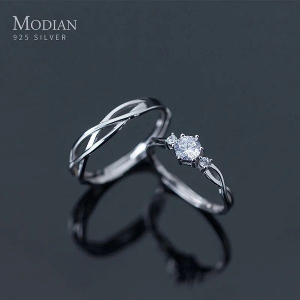 Anéis de casamento Modian Romântico Espumante AAA Zircon Line Ring para Homens e Mulheres Moda 925 Prata Esterlina Um Par Amantes Anel de Casamento Jóias 231012