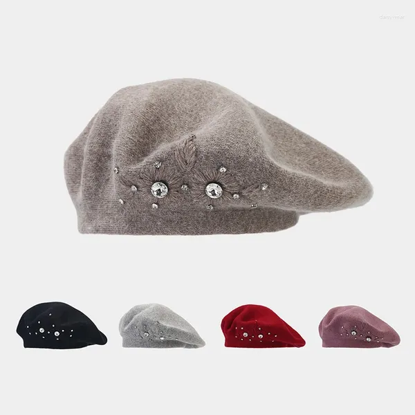 Berets Beret Mulheres Chapéu Inverno Angora Malha Quente Flor Strass Outono Acessório de Esqui para Ao Ar Livre Luxo