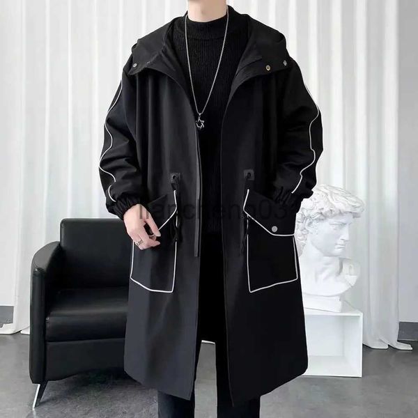 Trench Coats masculinos estilo coreano trench coat moda rua casual jaquetas longas casaco de bolso grande roupas masculinas de marca de alta qualidade J231012