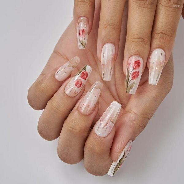 Unhas Falsas Longo Gradiente Tulipa Retro Flor Nail Art Terminado Pressione Com Cola Chinês Ins Estilo Charme Mulher Elegante