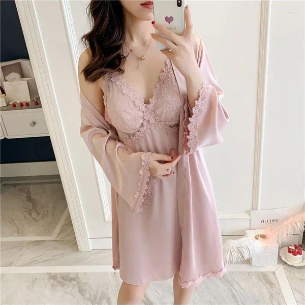 Mulheres sleepwear nightwear cetim mulheres rendas 2 pcs quimono robe conjunto loungewear sexy roupão íntimo lingerie v-pescoço casa vestido