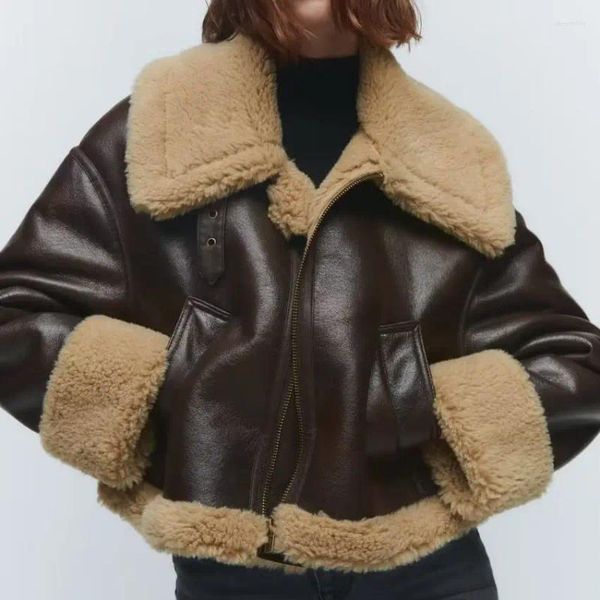 Jaquetas femininas vintage curto couro do plutônio jaqueta cordeiro duplo lado casaco motocicleta outono inverno quente algodão