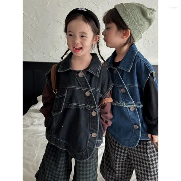 Jacken Kinder Denim Weste 2023 Frühling Herbst Mode Baumwolle Unregelmäßige Weste Für Baby Jungen und Mädchen Hübsche Einfarbige Jacke