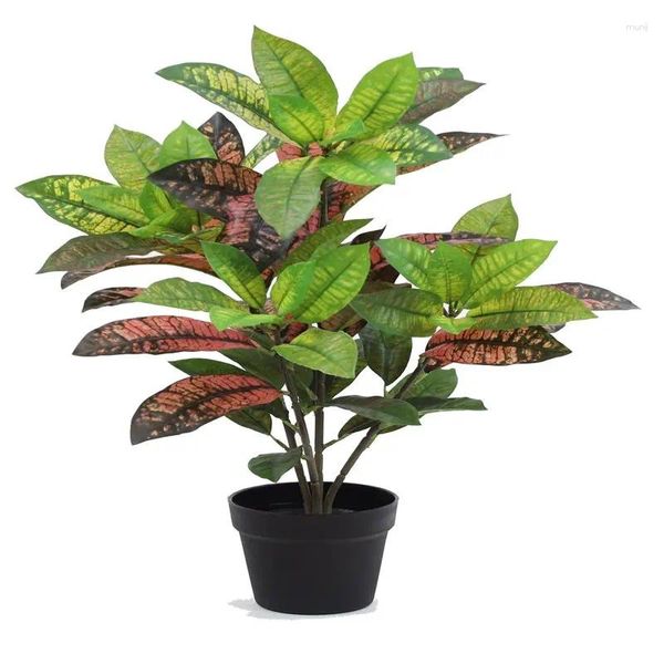 Flores decorativas artificial verde seda croton planta em um pote preto vaso de vidro plantas para decoração de casa casamento preservado