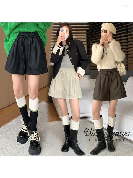 Damen-Shorts, Herbst/Winter, koreanisches PU-gewaschenes Leder, Stiefelhose, schmal, hohe Taille, kleiner A-Linien-Träger, lässig, breites Bein