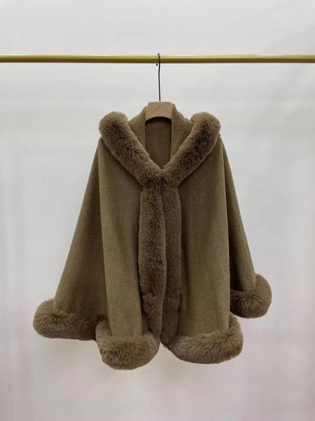 Xales 3 cores inverno grosso faux fur colarinho fora capa mulheres quentes macio cashmere poncho cappa grande pêndulo solto xale casaco com chapéu 231012