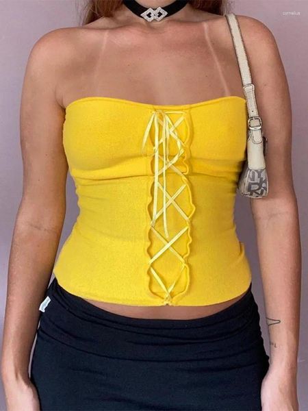 Serbatoi da donna Lace Up Y2k Corsetto Top Abiti estivi senza spalline per le donne Giallo Slim Halter Streetwear Fasnhion Estetic Ropa Mujer