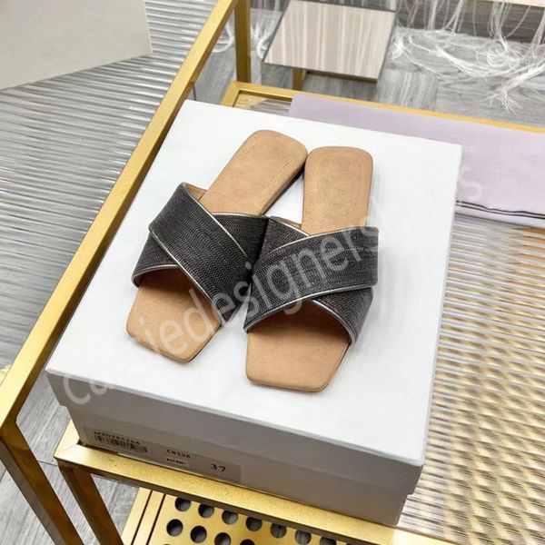 Brunello chinelos marca de luxo plana verão slides cristal diamantes sandálias de praia moda tamanho 35-42 sapatos femininos senhoras calçados ao ar livre flip flops sapatos de pista