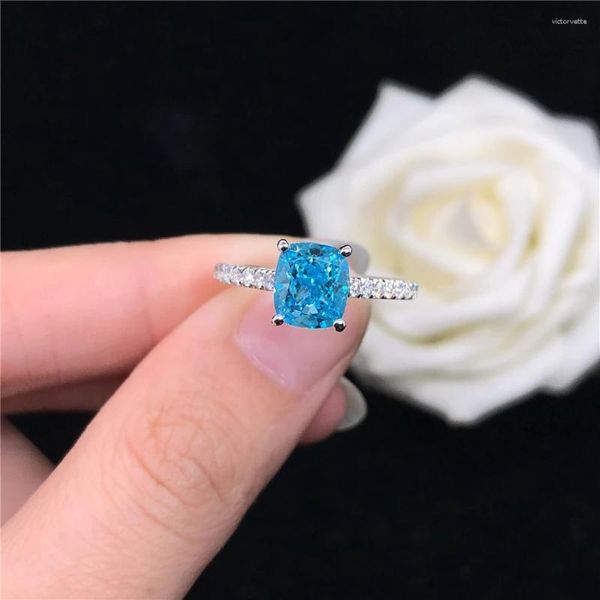 Anéis de cluster genuíno sólido 14k anel de ouro branco 1.5ct luz azul diamante noivado para mulheres aniversário jóias presente adorável nunca desbota