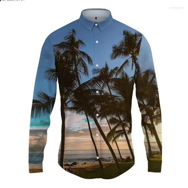 Camicie casual da uomo Camicia primaverile e autunnale Taglie forti Abito ampio vestibilità vintage Manica lunga Moda Hawaiian Beach Stampa 3D Cardigan O-Collo