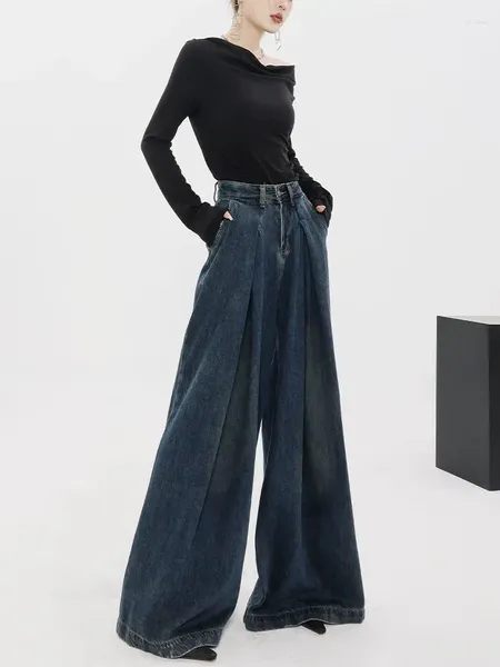 Kadınlar kot pantolon ekstra uzun denim pantolon kadınlar bol pantolon geniş bacaklar vintage katı koyu mavi fişekler yüksek bel gevşek