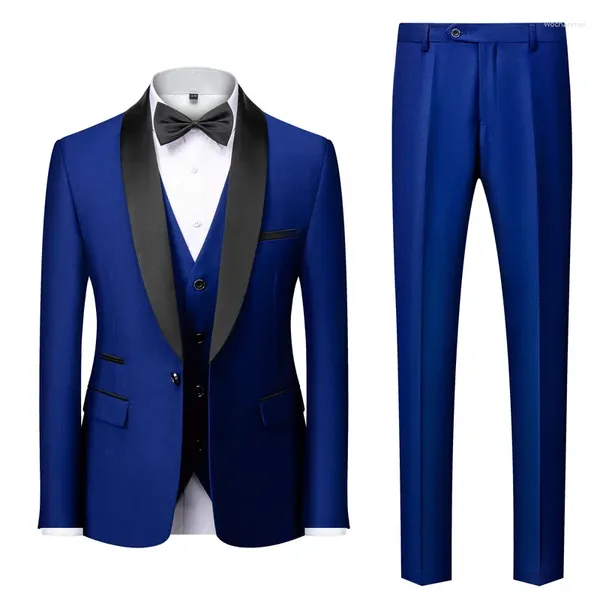 Ternos masculinos terno azul real 3 peças masculino negócios casual casamento xale lapela noivo smoking conjunto jaqueta colete com calças
