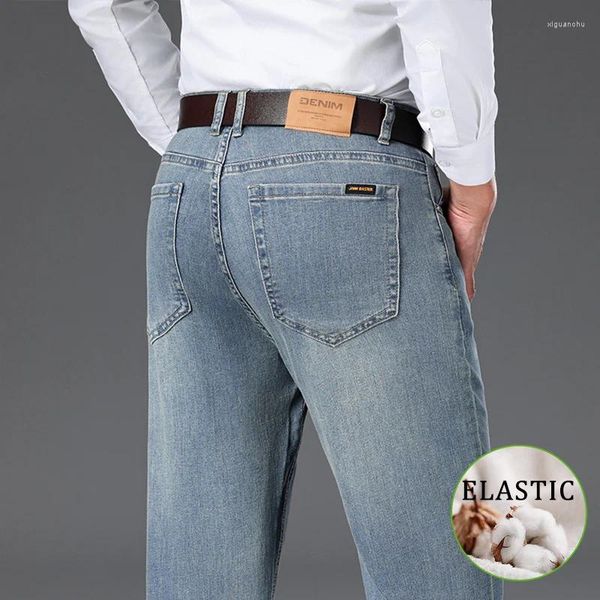 Calças de brim masculinas moda negócio solto em linha reta azul cinza retro calças confortáveis elástico algodão denim calças masculinas