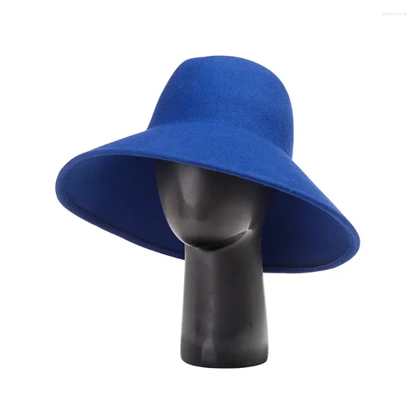 Berets King Wheat Wide Edge Big Brim Wool Formal Black Women Fedora Stage Show Felt Cap Winter Lady Fashion European Style Blue Top Hat