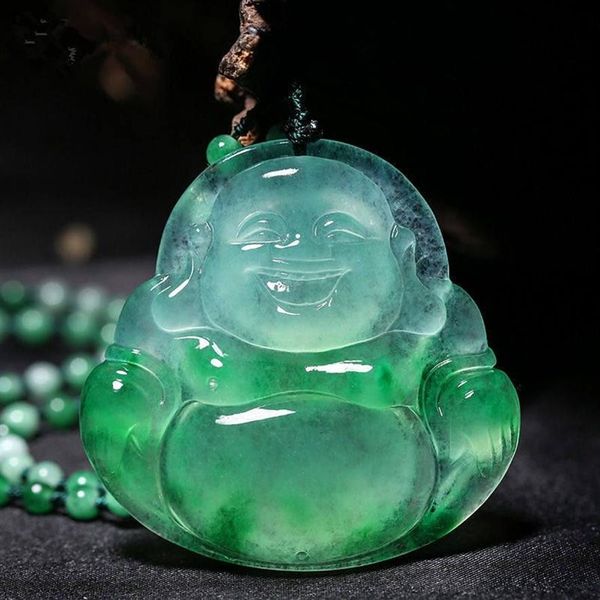 Estátua de Buda Maitreya esculpida pingente de jade natural Chinês branco verde jade sorriso Colar Jewelry232o