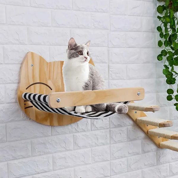 Arranhadores de móveis para gatos Rede para gatos com escadas para arranhar Montado na parede Gatinho de escalada de madeira Mobília de cama suspensa para gatos pequenos dormindo brincando 231011