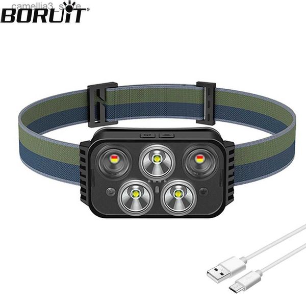 Lampade frontali BORUiT TD166 Lampada frontale con sensore LED Lampada frontale potente 6 modalità Lampada frontale ricaricabile USB impermeabile Campeggio esterna Uso di emergenza Q231013